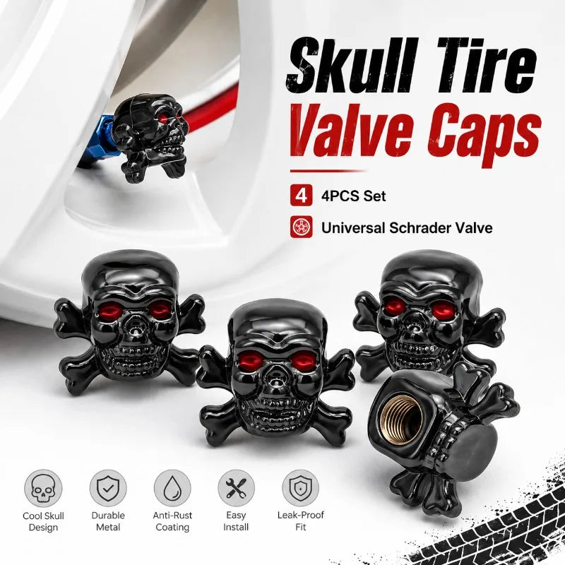 4-Pack Skull Tire Valve Caps | Metal Schrader 8V1 Thread Tire Valve Caps QXL