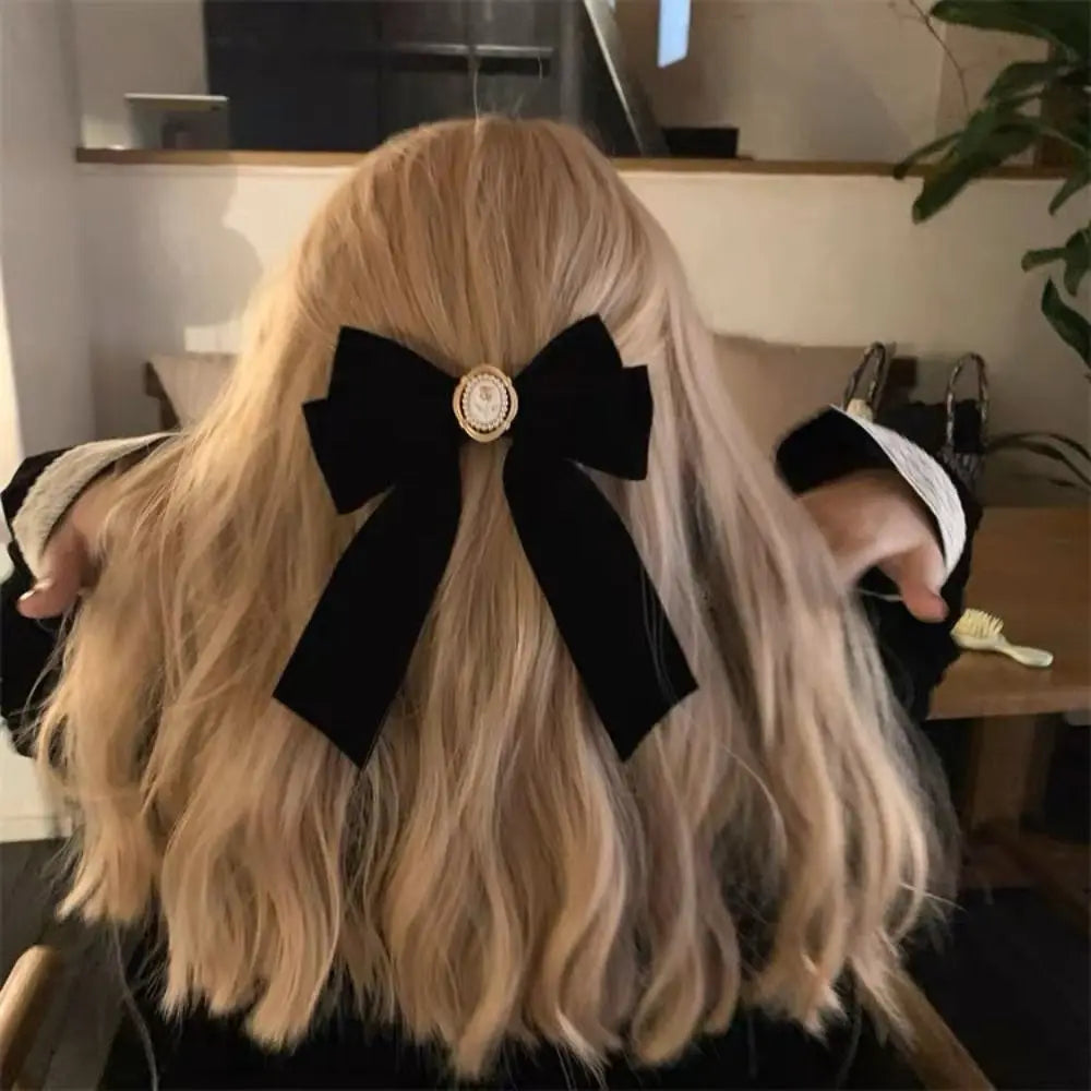 Black Velvet Bow Hair Clip | Retro Duckbill Camellia Hairpin Hair Clip QXL Ribbon Rose