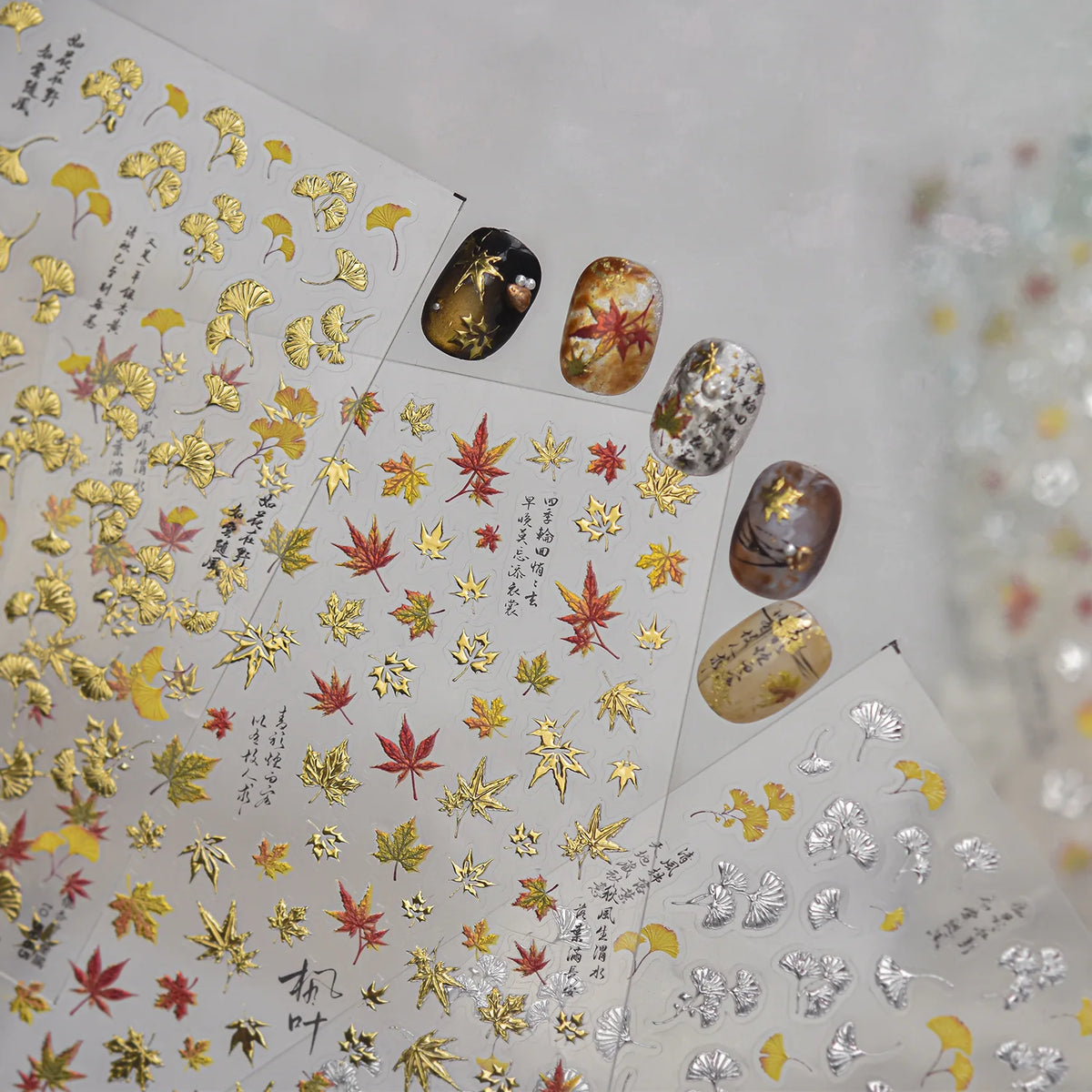 5D Ginkgo Leaf Nail Stickers | Gold Silver Hot Stamping Decals Nail Art Stickers QXL