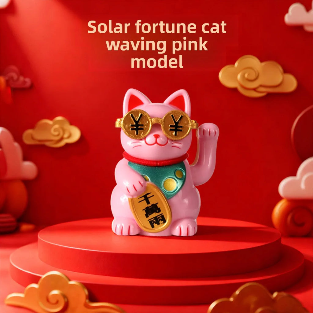 Solar Waving Lucky Cat | Maneki Neko Car & Desk Decor Decorative Figurine QXL Pink