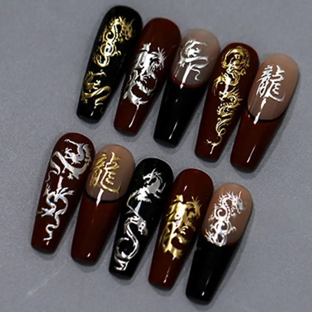 3D Dragon Metallic Nail Stickers | Gold & Silver Mirror Decals Nail Art Stickers QXL