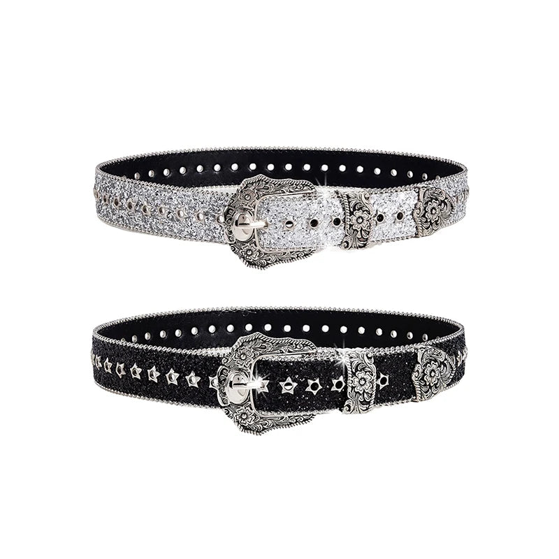 Women's Rhinestone Belt | Gothic Y2K Western Cowboy PU Leather Rhinestone Fashion Belt QXL