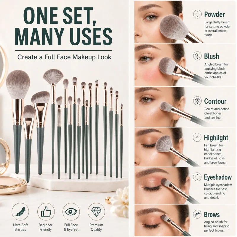 14-Pc Green Makeup Brush Set | Soft Synthetic Bristles Makeup Brush Set QXL