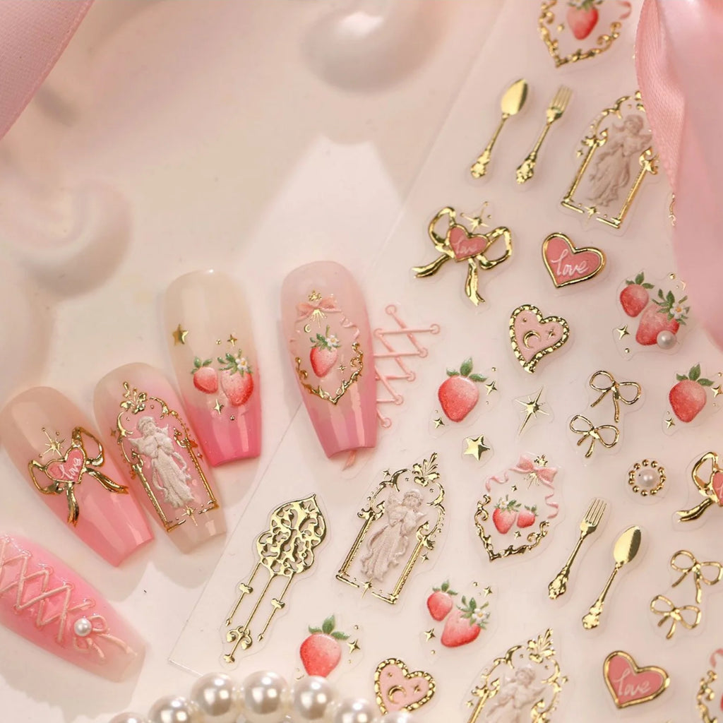 5D Sweet Dessert Nail Stickers | Gold, Strawberry & Bow Decals Nail Art Stickers QXL