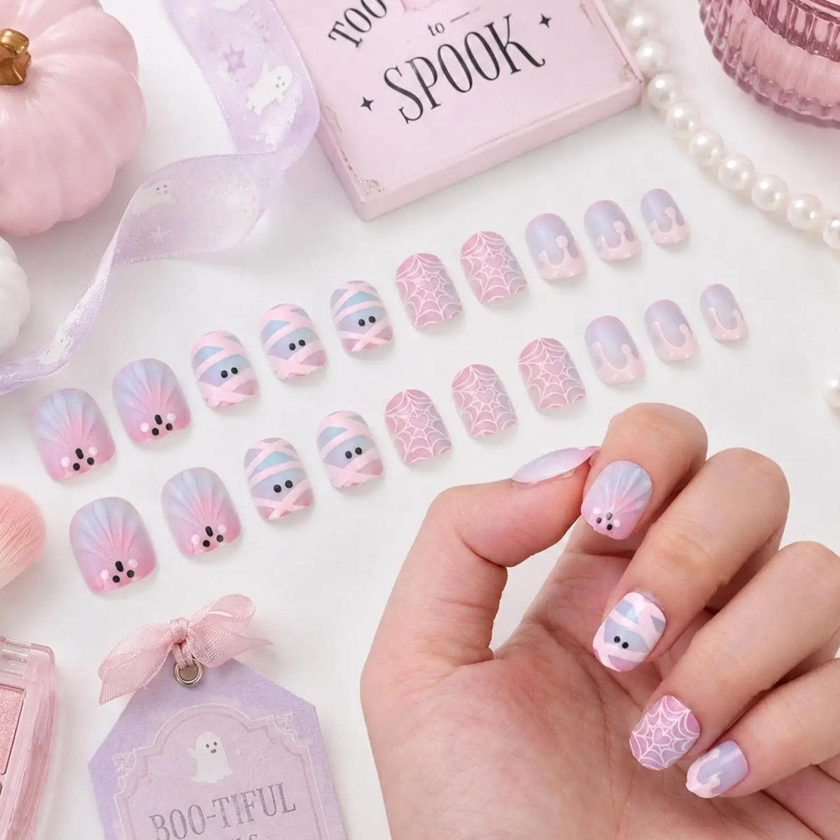 24-Pc Halloween Press-On Nails | Ghost Cat-Eye Spider Web Press-On Nail Set QXL
