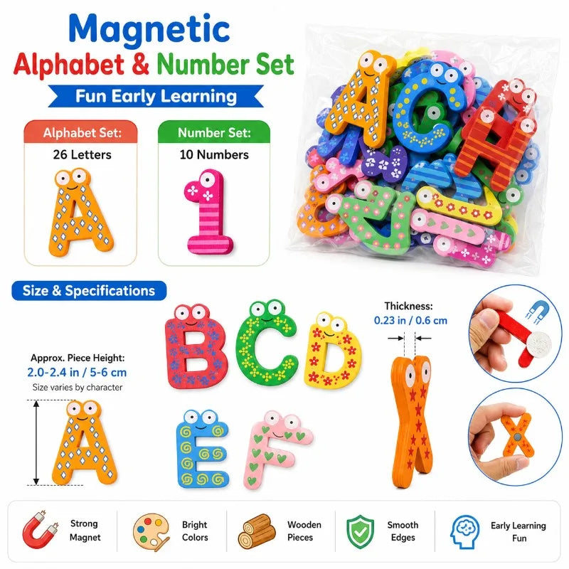 Magnetic Wooden ABC 123 Fridge Magnets for Kids | Learning Toy Educational Magnet Set QXL