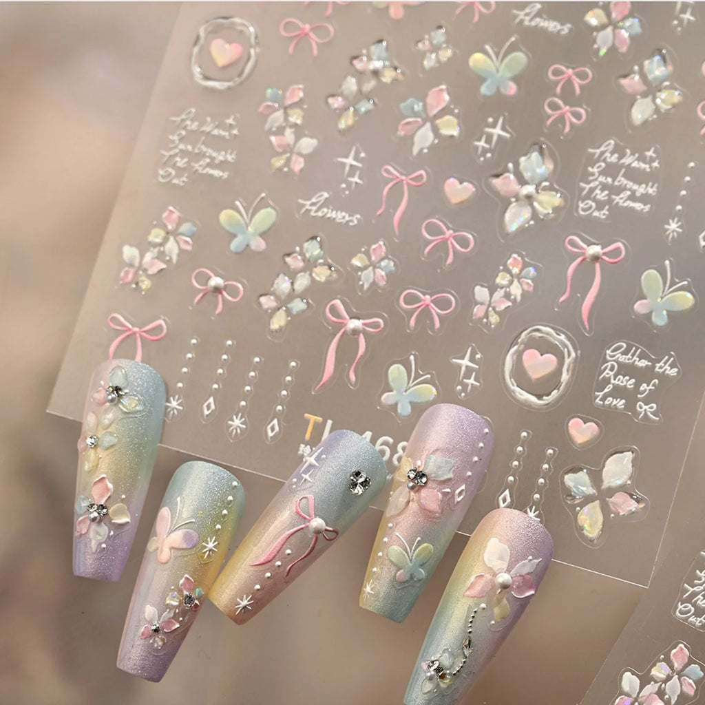 5D Butterfly Bow Nail Stickers | Y2K Lolita Pearl Decals Nail Art Stickers QXL