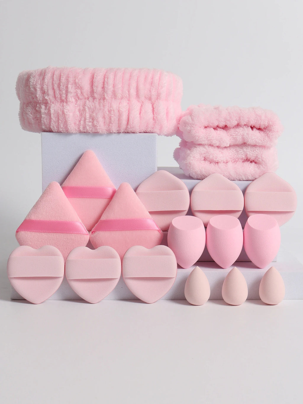 18-Piece Makeup Sponge, Powder Puff & Headband Set Makeup Applicator Set QXL Pink