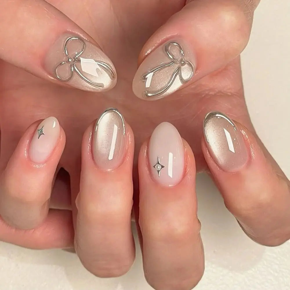 24-Pack Almond Press-On Nails | Aurora Pearl French Designs Press-On Nails QXL