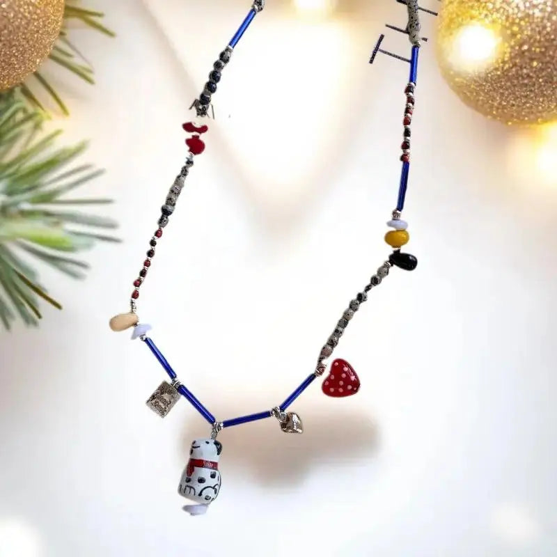 Beaded Dalmatian Puppy Pendant Necklace | Black & White Women Pendant Necklace QXL