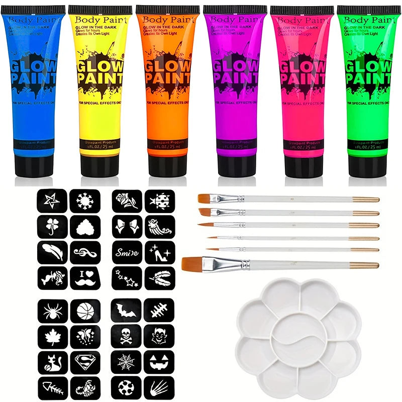 6-Pack Neon UV Glow Face & Body Paint – 6 Colors, 25ml UV Face & Body Paint QXL WG-Glow Paint-9pcs