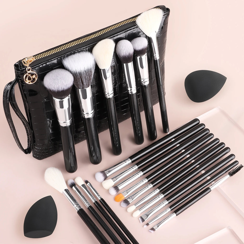 20-Pc Black Makeup Brush Set with Sponge & Croc Bag Makeup Brush Set QXL