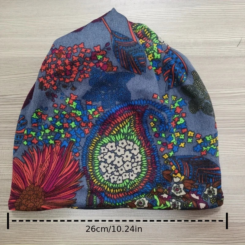 2-in-1 Flower Print Beanie Hat & Neck Scarf | Winter Cap Beanie Hat Scarf QXL