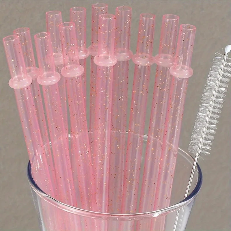 Reusable Glitter Plastic Straws + Cleaning Brush | Holiday Set Reusable Drinking Straws QXL Pink