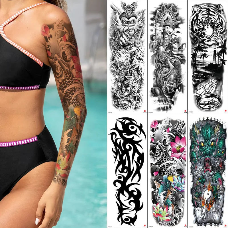 Full-Arm Black & White Sketch Temporary Tattoo Stickers Temporary Tattoo Sticker QXL
