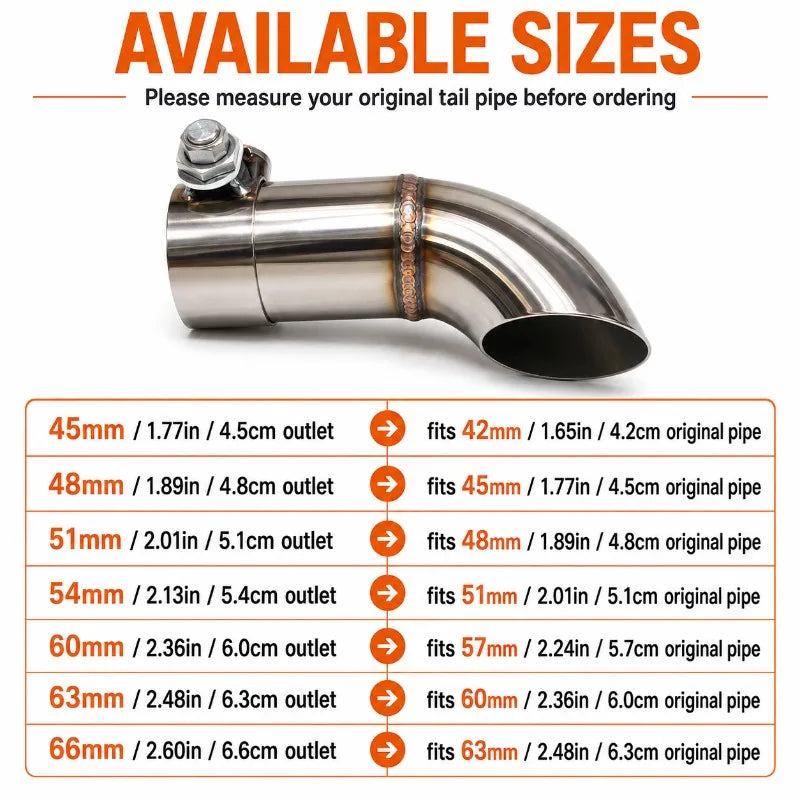 Downturned Exhaust Tip Stainless Steel Clamp-On 45–66mm Exhaust Tail Tip QXL