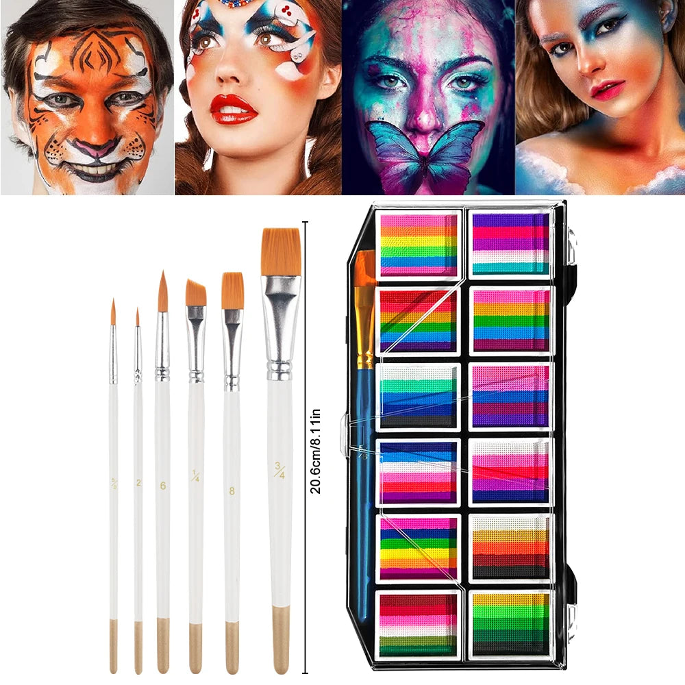 12-Color Washable Face & Body Paint Kit | Water-Based Palette Face & Body Paint QXL 12 Grid with 6 Brush