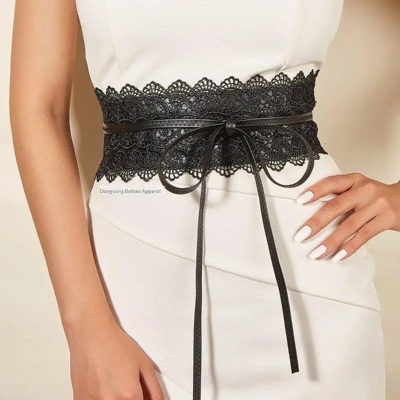 Vintage Boho Lace Bow Wide Waist Belt | Scalloped Faux Leather Lace Waist Belt QXL