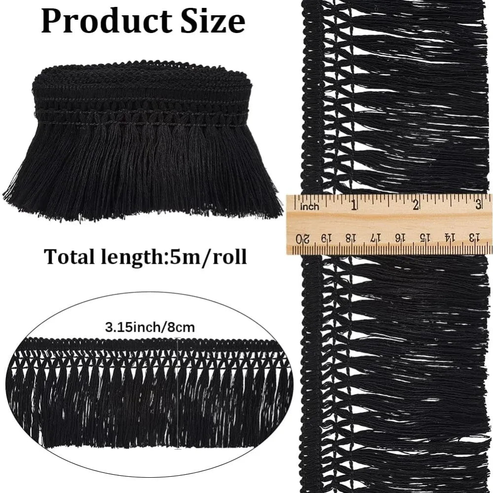 5.5-Yard Black Cotton Tassel Fringe Trim | 3" Boho Sewing Trim Sewing Fringe Trim QXL