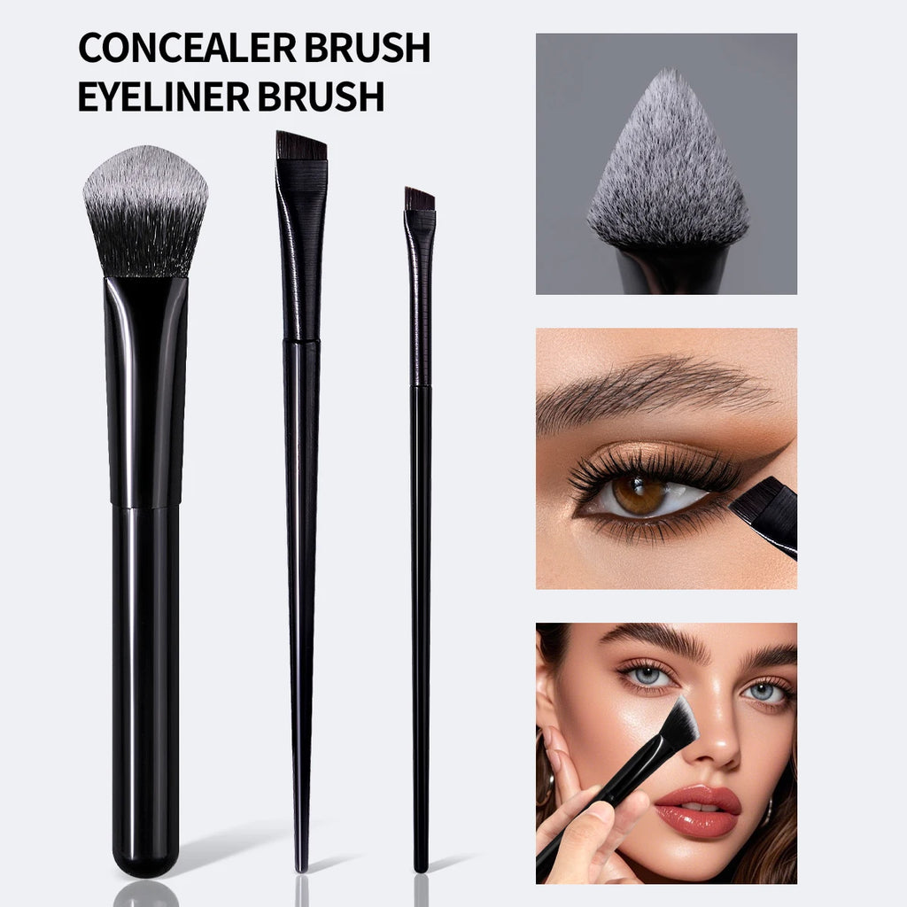 KOSSHOW 3-Pc Precision Makeup Brush Set – Concealer & Eyeliner Makeup Brush Set QXL black