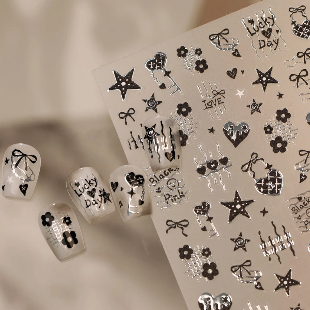 Y2K 5D Nail Art Stickers – Black Silver Lace, Hearts & Bows Nail Art Stickers QXL