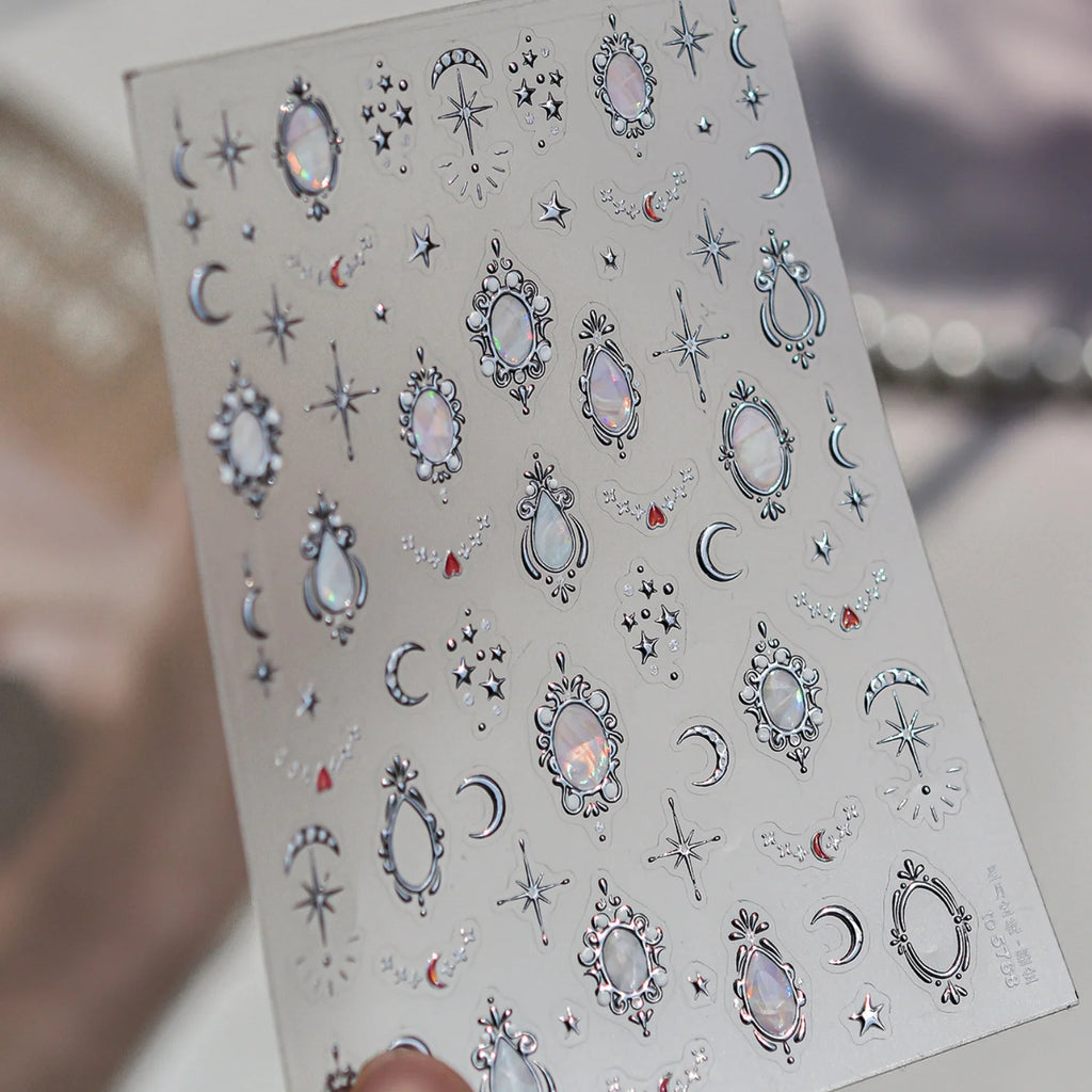 5D Retro Palace Nail Stickers | Gold Silver Star Moon Jewel Decals Nail Art Stickers QXL