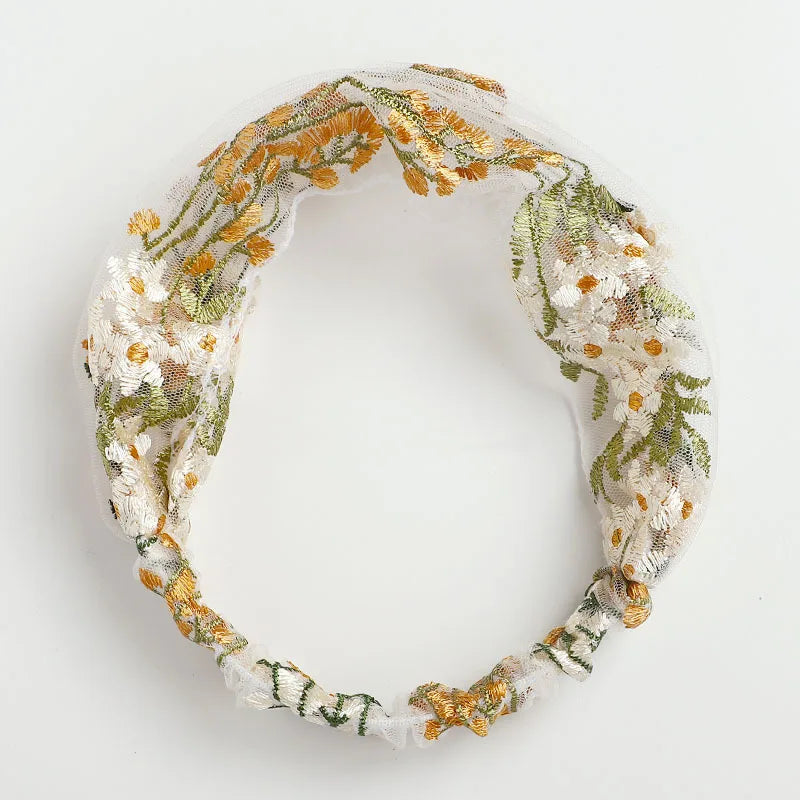 Embroidered Floral Mesh Headband | Elegant Turban Style Floral Mesh Headband QXL