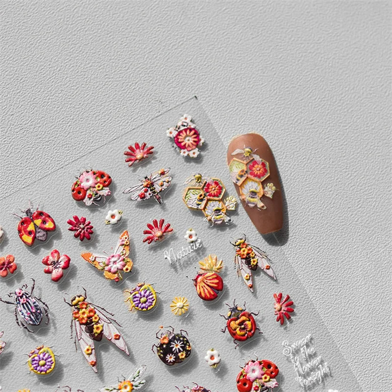 5D Embossed Bee & Butterfly Nail Art Stickers | Embroidery Decals Nail Art Stickers QXL