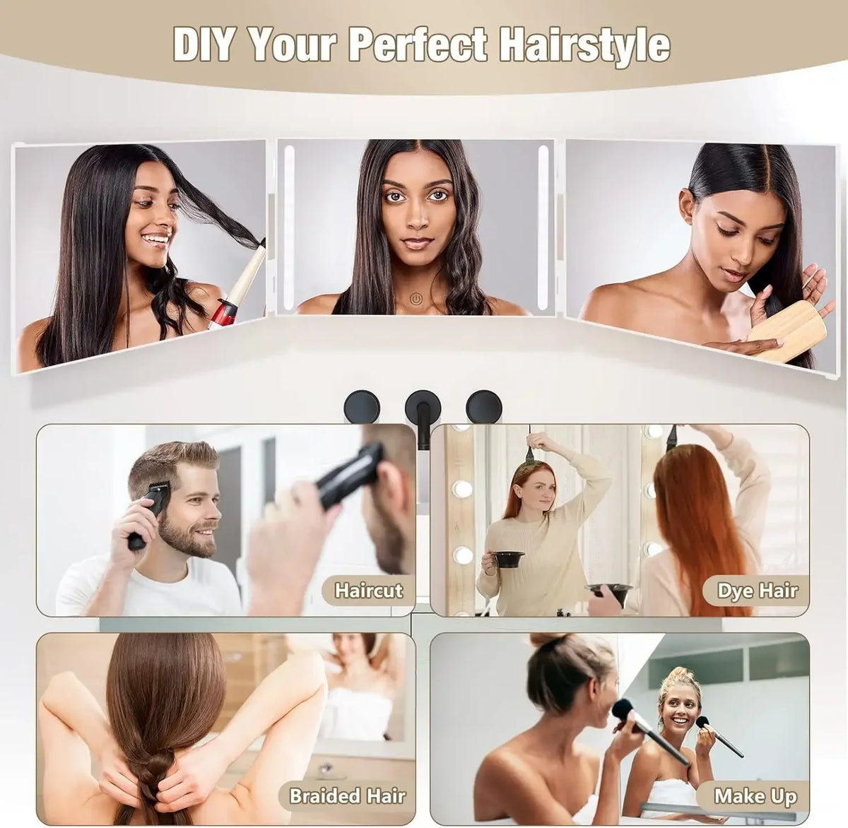 LED 3-Way Mirror for Self Haircuts | 360° Rechargeable LED Haircut Mirror QXL
