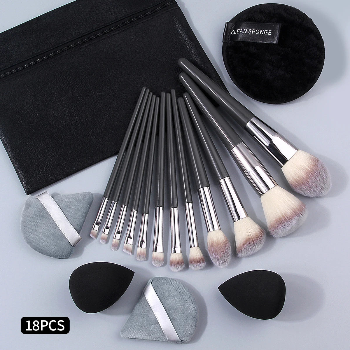 KOSSHOW 18-Pc Makeup Brush Set with Bag, Sponges & Puffs Makeup Brush Set QXL