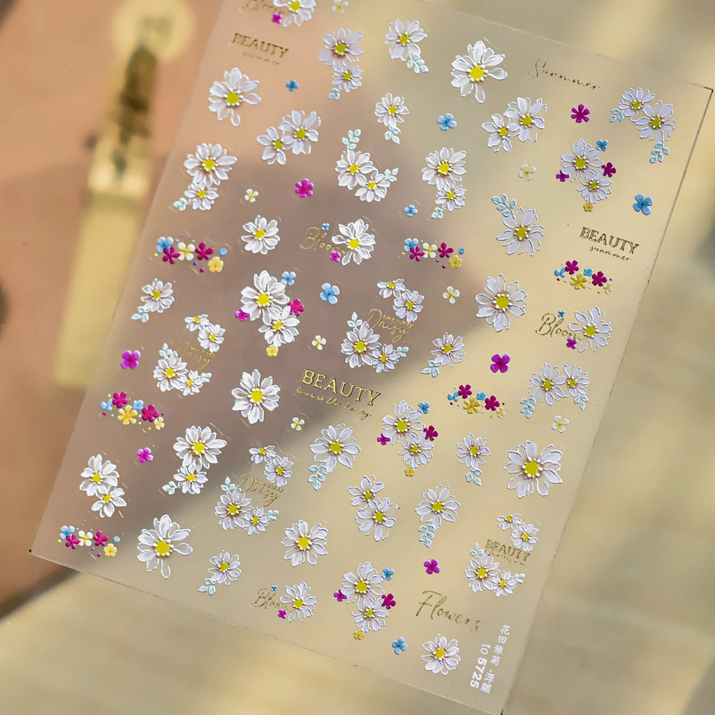 5D Floral Nail Stickers | Sunflower & Daisy Self-Adhesive Decals