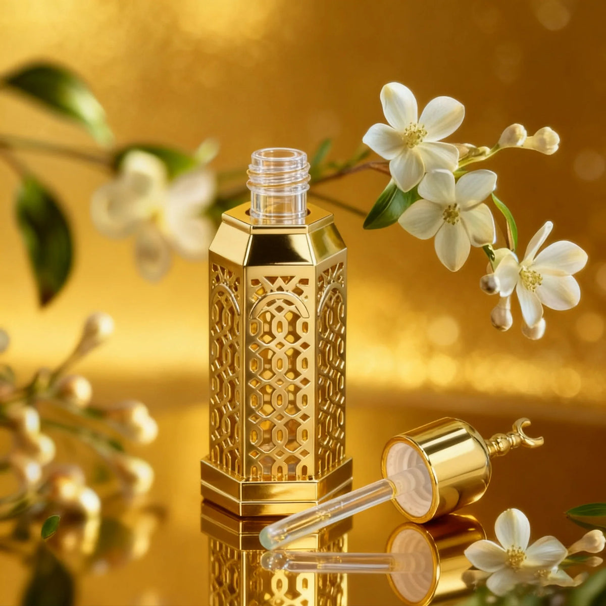 3ml Octagonal Glass Perfume Vial | Golden Hollow Metal Cover & Dropper Perfume Vial QXL