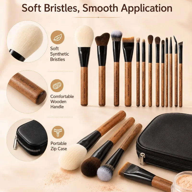 14-Piece Makeup Brush Set | Wooden Handle & Portable Case Makeup Brush Set QXL