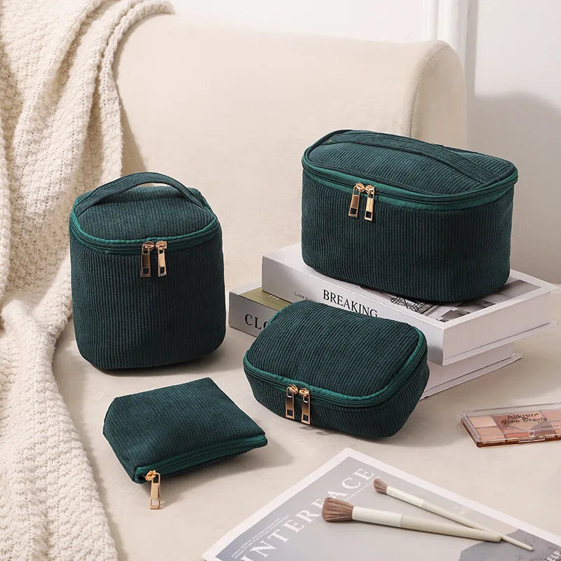4-Piece Corduroy Cosmetic Bag Set | Travel Makeup Organizer Cosmetic Bag Set QXL green