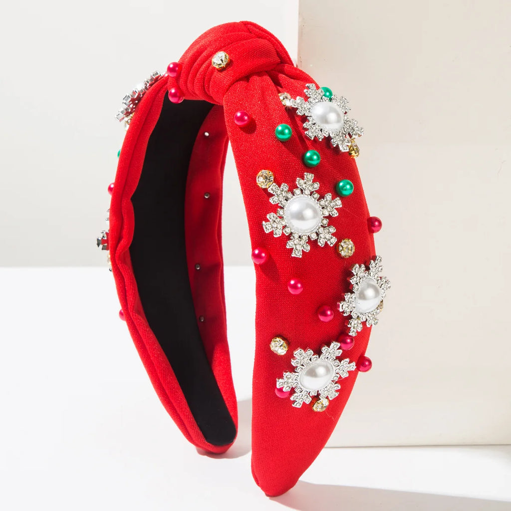 Christmas Snowflake Satin Headband | Rhinestone & Pearl Hairband Holiday Hair Headband QXL Red