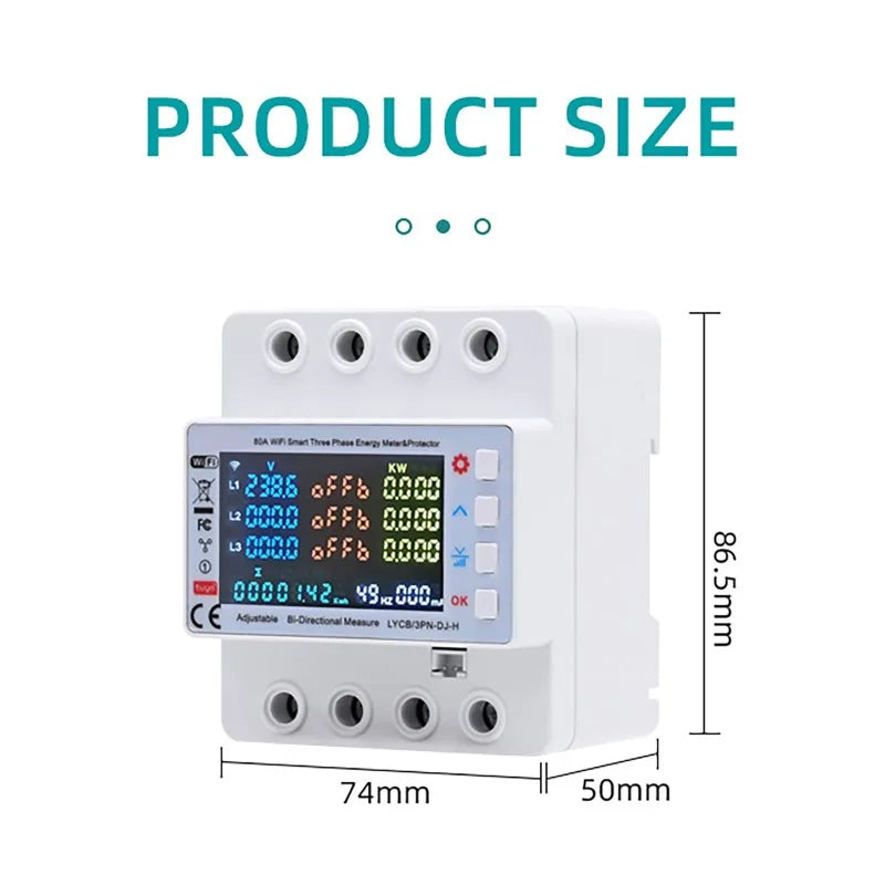 Tuya WiFi 80A Smart 3-Phase Energy Meter & Protector Smart Energy Meter QXL 80A 4
