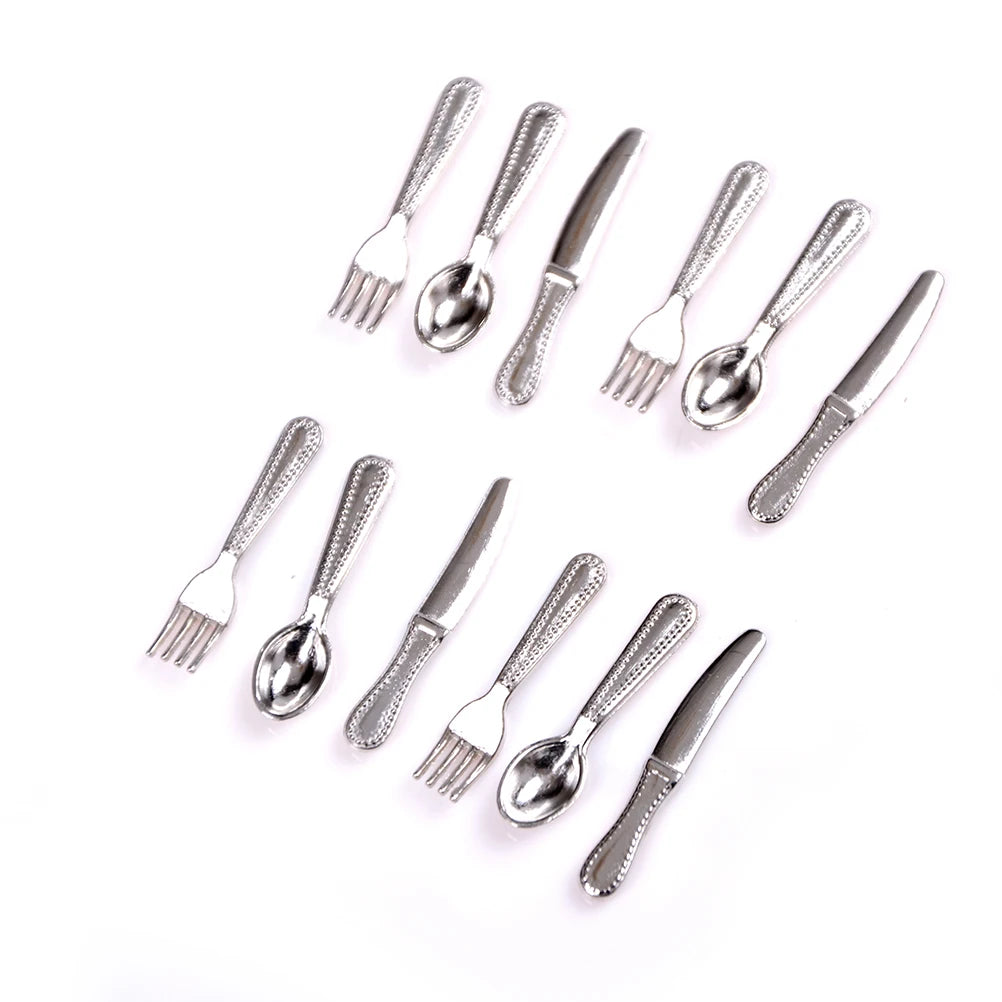 12-Pc Miniature Dollhouse Cutlery Set | Metal Fork & Spoon Dollhouse Accessories QXL 0 Silver