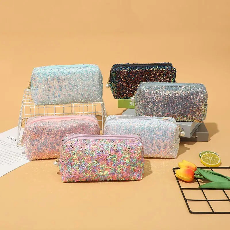 Large Glitter Sequin Makeup Bag | Spacious Cosmetic Organizer Glitter Cosmetic Bag QXL