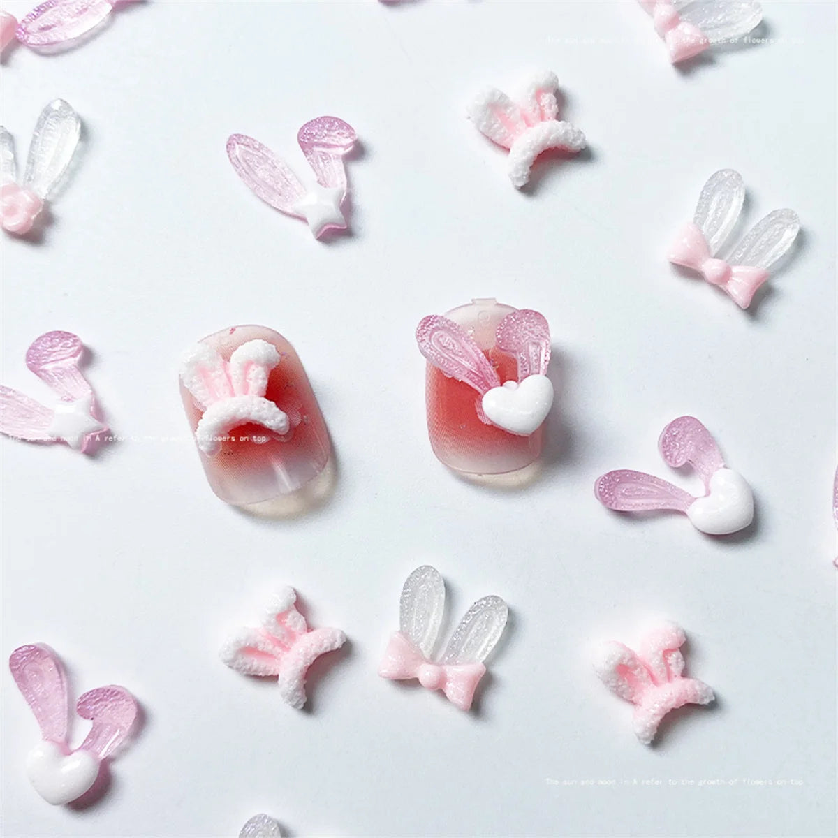 20-Pc 3D Rabbit Ear Resin Nail Charms | Kawaii Pink & White Nail Art Charms QXL