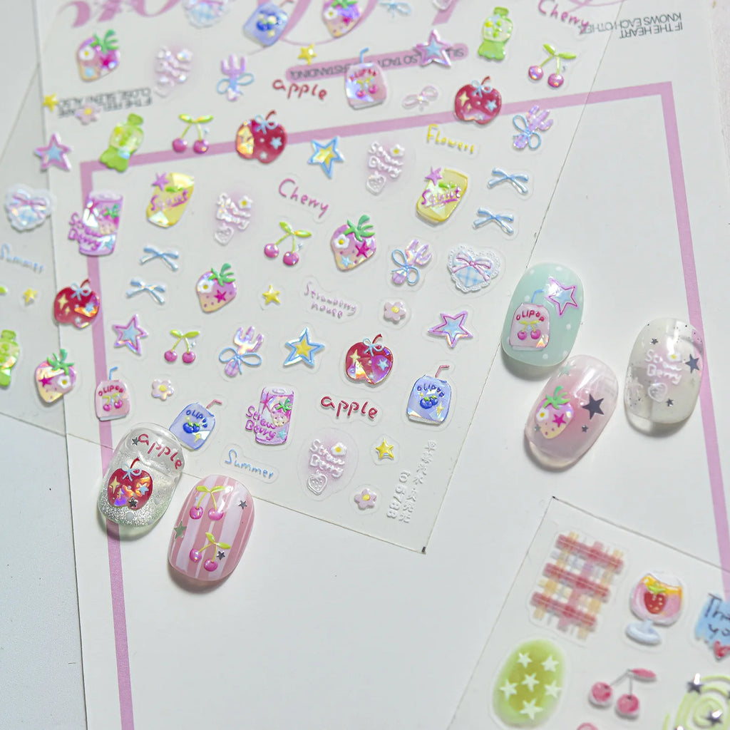 Summer Fruit 5D Nail Stickers – Strawberry Cherry Floral Decals Nail Art Stickers QXL