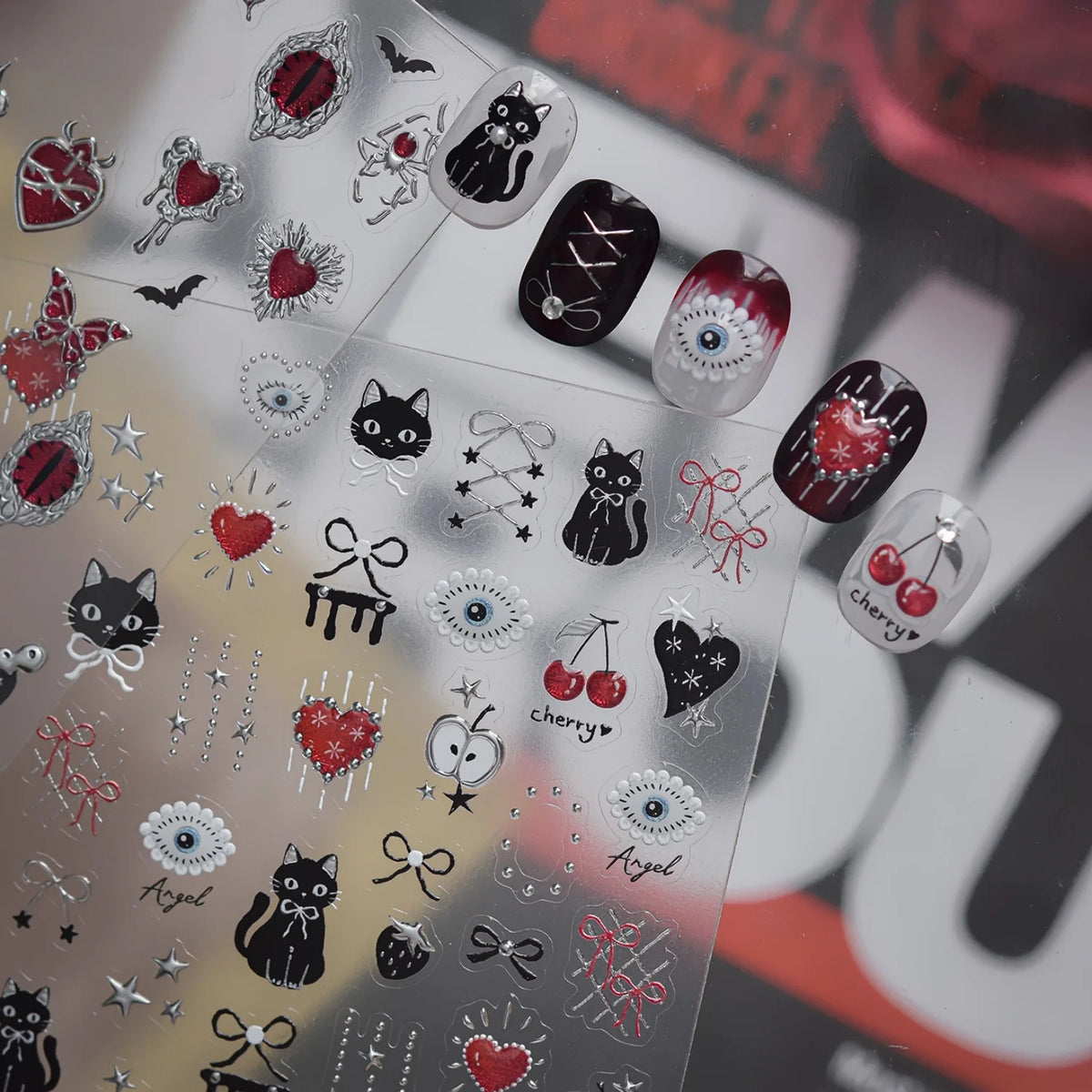 5D Nail Stickers – Black Cat Cherry Cartoon Self-Adhesive Decals Nail Art Stickers QXL