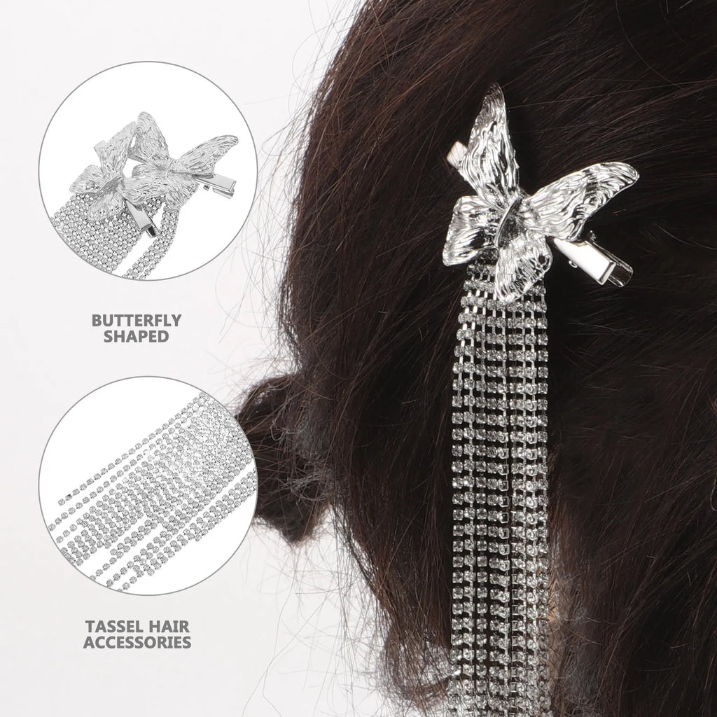 Rhinestone Butterfly Tassel Hair Clips | 2-Pack Alligator Barrettes Hair Clips Barrettes QXL