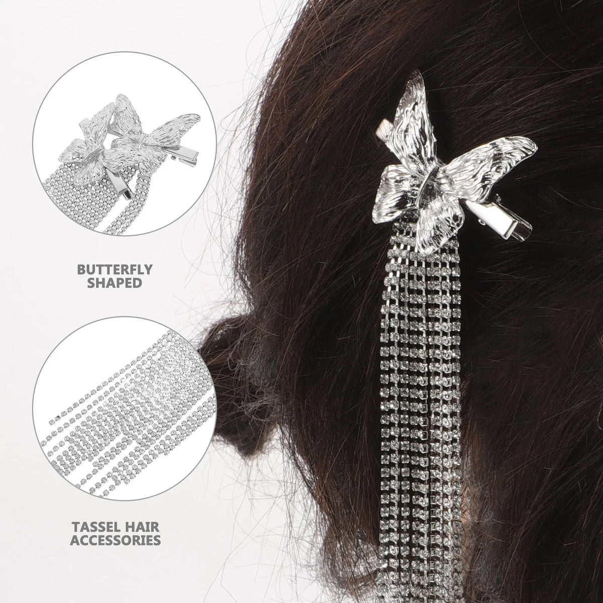 Rhinestone Butterfly Tassel Hair Clips | 2-Pack Alligator Barrettes Hair Clips Barrettes QXL
