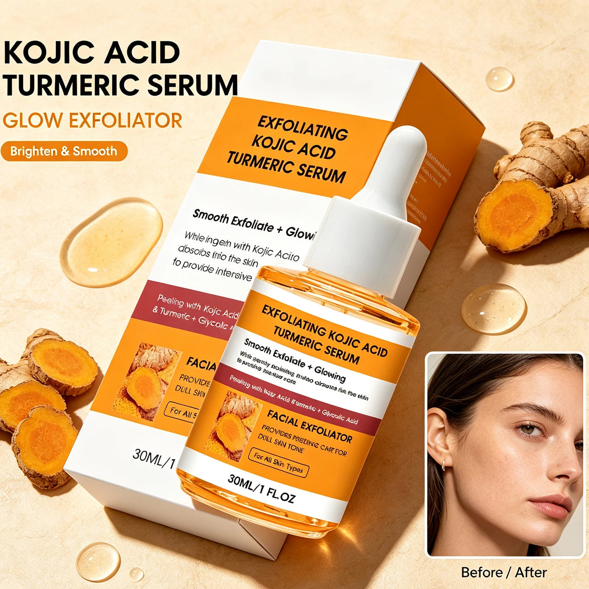 Kojic Acid & Turmeric Exfoliating Brightening Serum 30ml Brightening Face Serum QXL