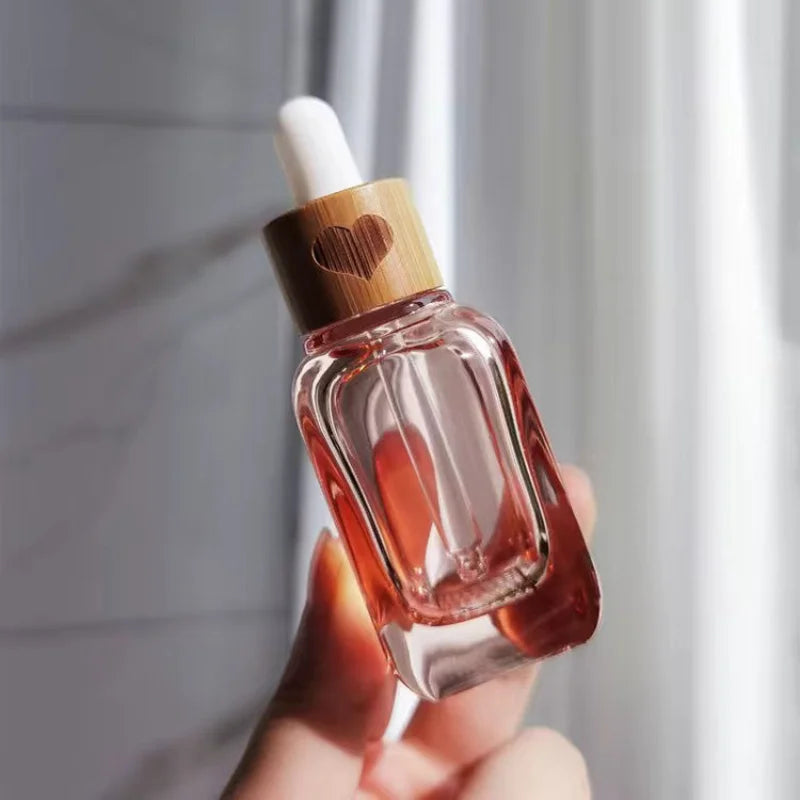Pink Square Glass Dropper Bottle 10ml 30ml | Bamboo Cap Serum Glass Dropper Bottle QXL