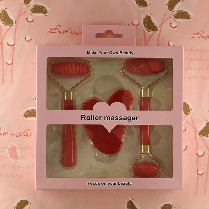 3-Piece Resin Facial Massage Roller & Gua Sha Scraping Set Facial Massage Roller QXL Red China Mainland