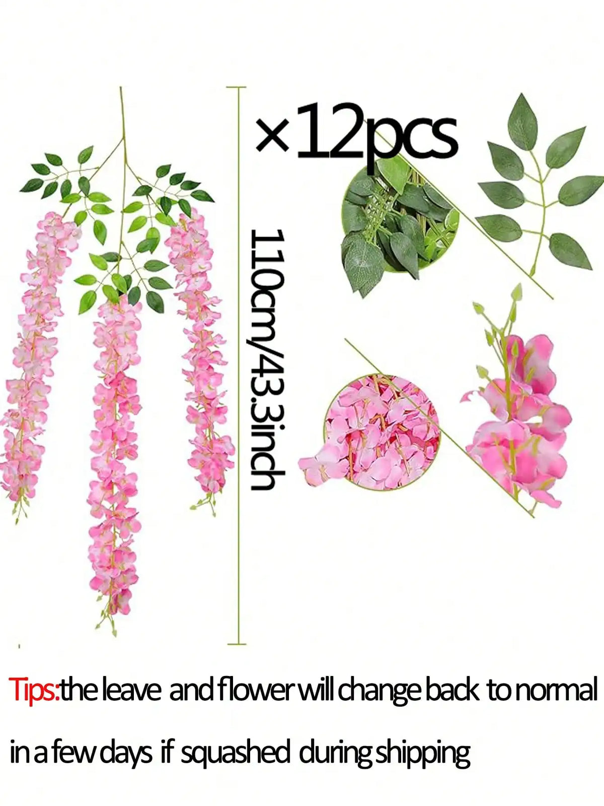 12-Pack Pink Wisteria Artificial Vine Garland | Wedding Wall Decor Artificial Flower Garland QXL