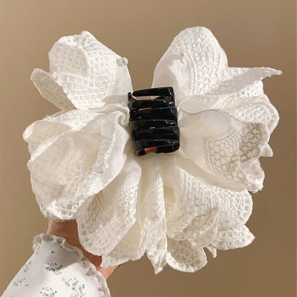 White Flower Lace Ponytail Shark Clip | Women's Hair Accessory Hair Shark Clip QXL