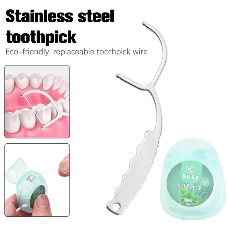 Reusable Stainless Steel Dental Floss Handle & Toothpick Dental Floss Holder QXL
