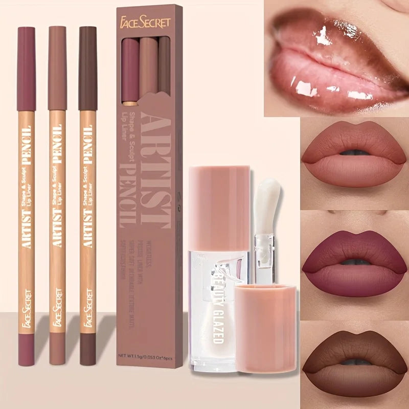 4-Pc Matte Lip Liner & Plumping Lip Oil Set – Waterproof Lip Liner Set QXL